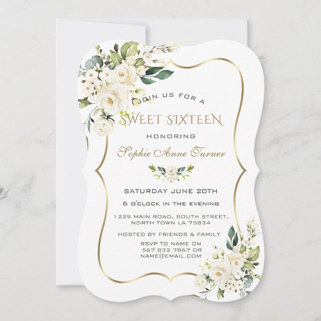 Elegant White Ivory Floral Gold Frame Sweet 16 Invitation (Front)