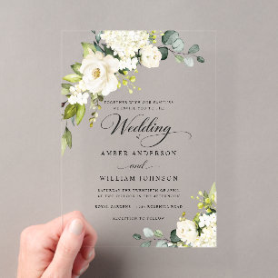 Elegant White Ivory Floral Wedding Acrylic Invitations