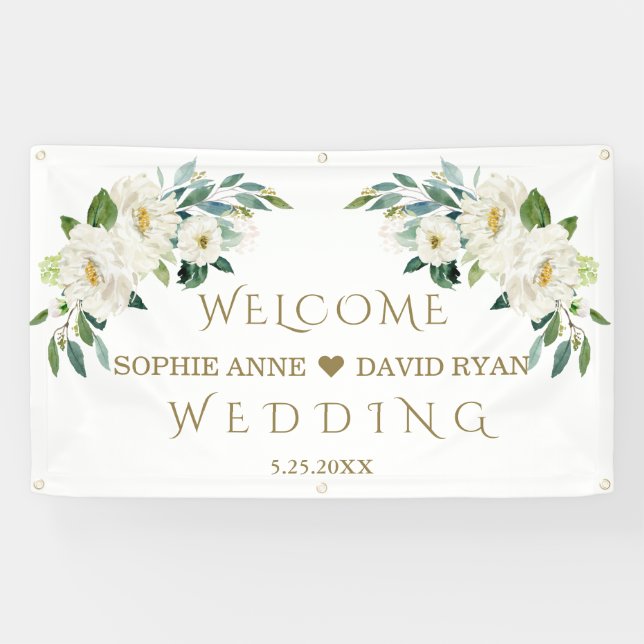 Elegant White Ivory Flowers Wedding Welcome Sign (Horizontal)