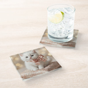 Elegant White Kitten Boutique Glass Coaster