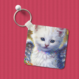 Elegant White Kitty with Wings Key Ring