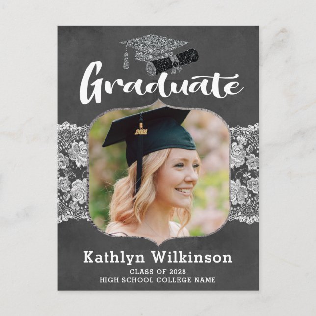 Elegant White Lace 2 Photo Graduation Announcement Postcard (Front)