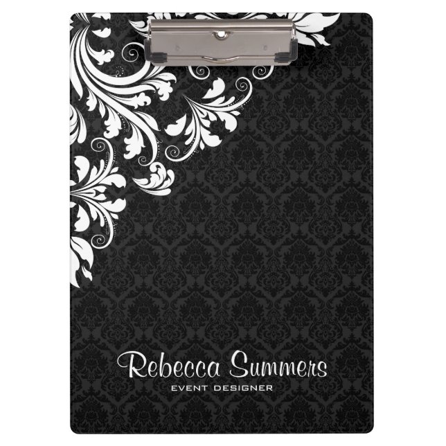Elegant White Lace And Black Damasks Clipboard (Front)