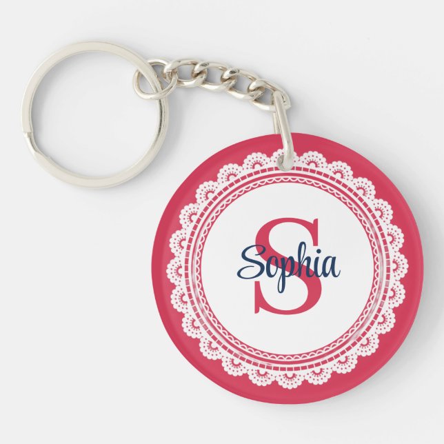 Elegant White Lace and Red and Navy Initial Key Ring (Front)