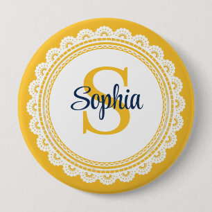 Elegant White Lace and Yellow and Navy Initial 10 Cm Round Badge