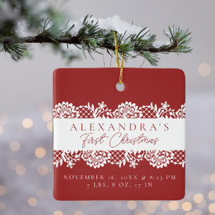 Elegant White Lace Baby's First Christmas Photo Ceramic Ornament