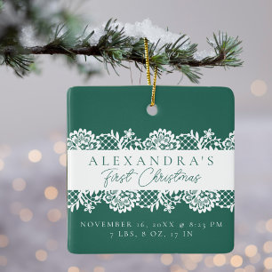 Elegant White Lace Baby's First Christmas Photo Ceramic Ornament