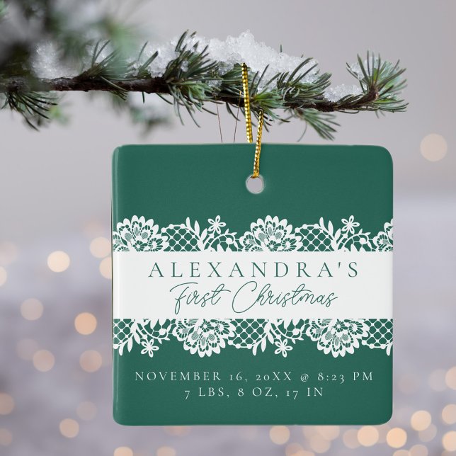 Elegant White Lace Baby's First Christmas Photo Ceramic Ornament (Elegant White Lace Baby's First Christmas Photo Ceramic Ornament)
