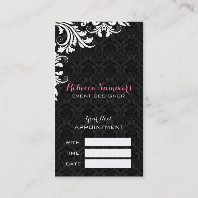 Elegant White Lace Black Damasks Appointment Card (Front)