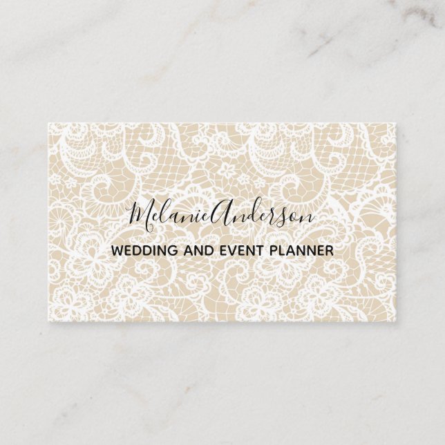 Elegant White Lace Black Script  Business Card (Front)
