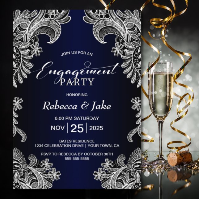 Elegant White Lace Blue Engagement Party Invitation (Creator Uploaded)