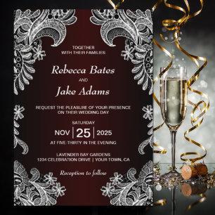 Elegant White Lace Burgundy Wedding Invitation