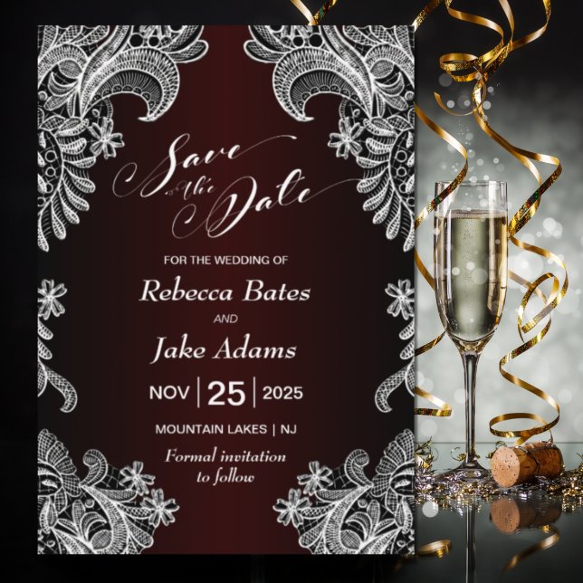 Elegant White Lace Burgundy Wedding Save The Date (Creator Uploaded)