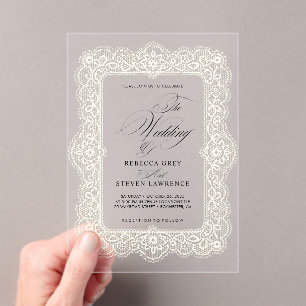 Elegant white lace calligraphy wedding acrylic invitations