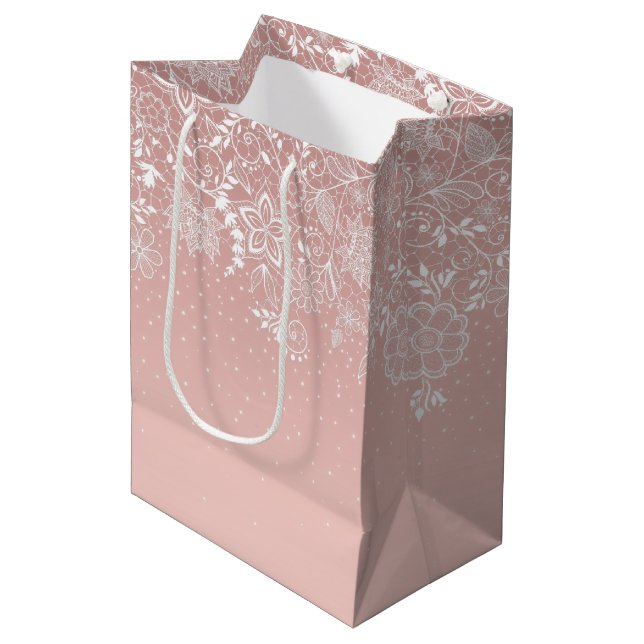 Elegant white lace floral and confetti design medium gift bag (Front Angled)