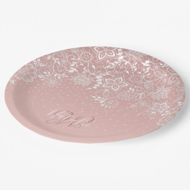 Elegant white lace floral and confetti design paper plate (Angled)