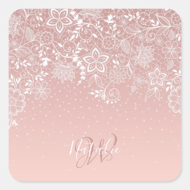 Elegant white lace floral and confetti design square sticker (Front)