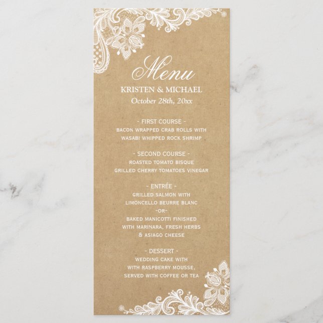 Elegant White Lace Kraft Wedding Dinner Menu (Front)