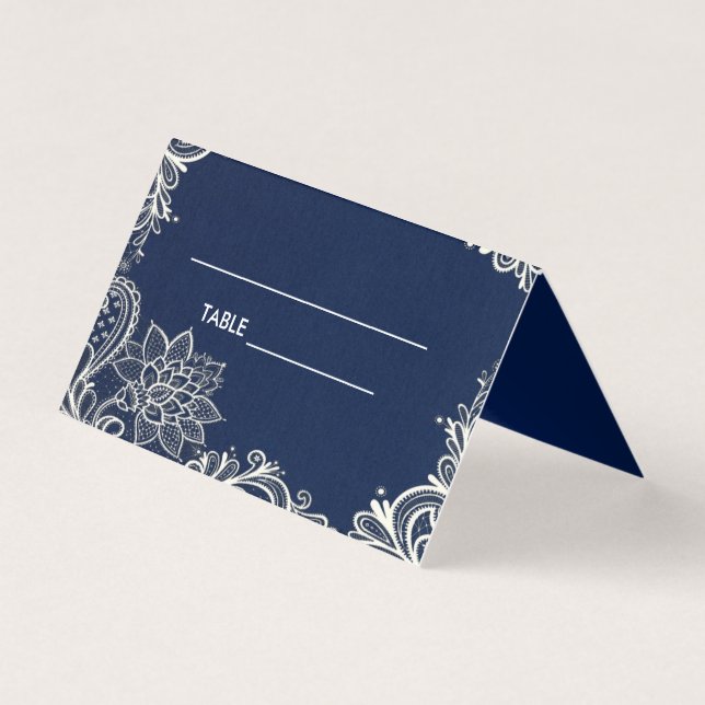 elegant white lace navy blue Place Card (Front)