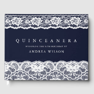 Elegant White Lace Navy Blue Quinceanera Party Guest Book
