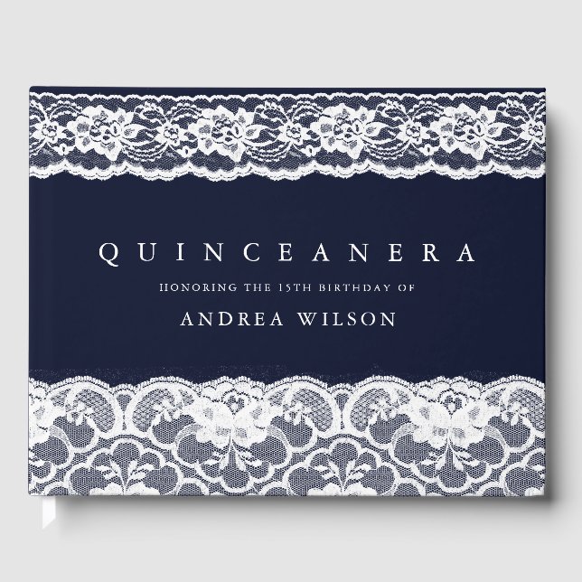 Elegant White Lace Navy Blue Quinceanera Party Guest Book (Front)