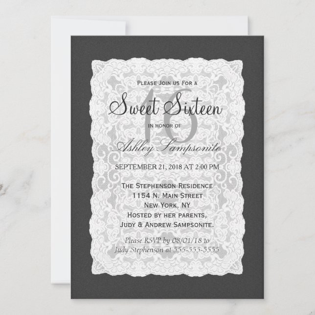 Elegant White Lace on Black Invitation (Front)