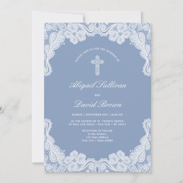 Elegant White Lace on Blue Wedding Invitation (Front)