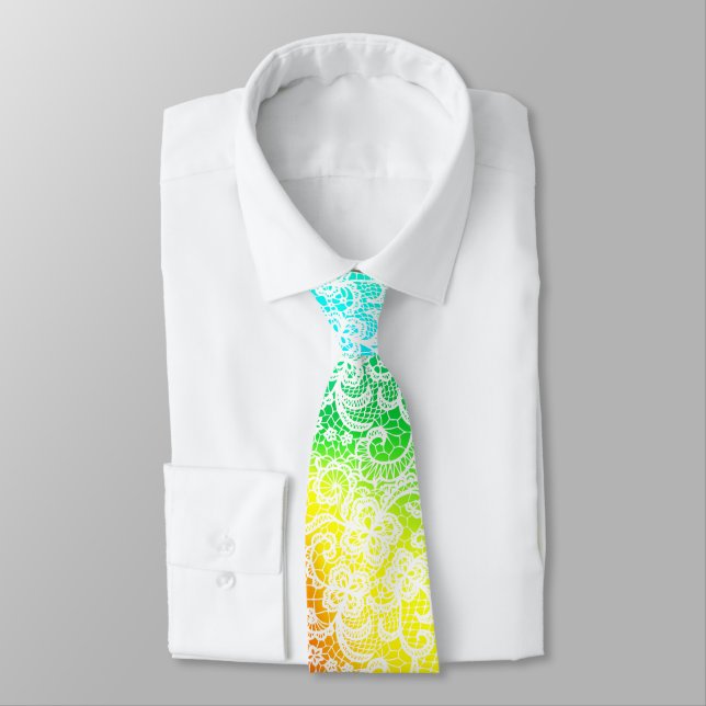Elegant White Lace On Rainbow Abstract Tie (Tied)