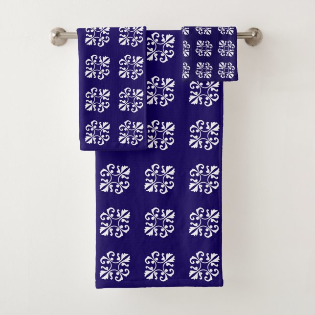 Elegant White Lace Pattern on Navy Blue Bath Towel Set (Insitu)