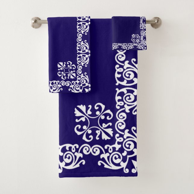 Elegant White Lace Vector on Navy Blue Bath Towel Set (Insitu)