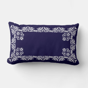 Elegant White Lace Vector on Navy Blue Lumbar Cushion