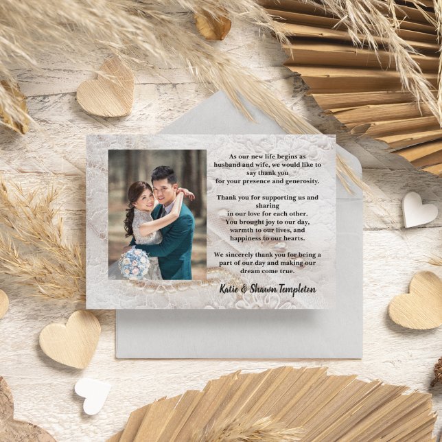 Elegant White Lace Wedding Photo Thank You (Elegant wedding thank you mailing with perfect wording.)