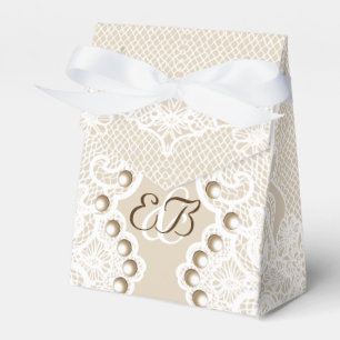 Elegant white lace with pearls beige wedding favour box