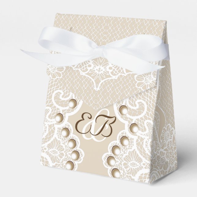 Elegant white lace with pearls beige wedding favour box (Front Side)