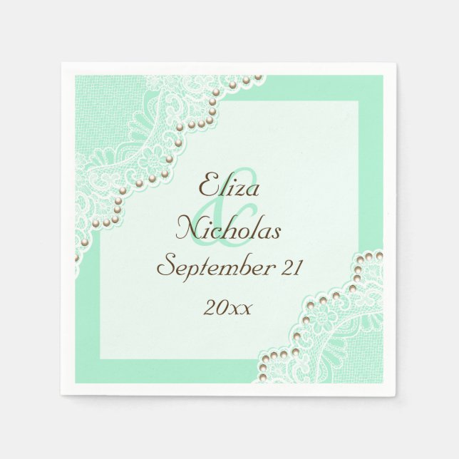 Elegant white lace with pearls mint green wedding napkin (Front)