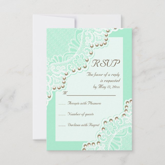 Elegant white lace with pearls mint wedding RSVP (Front)