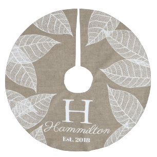 Elegant White Leaf Skeletons & Faux Burlap Brushed Polyester Tree Skirt
