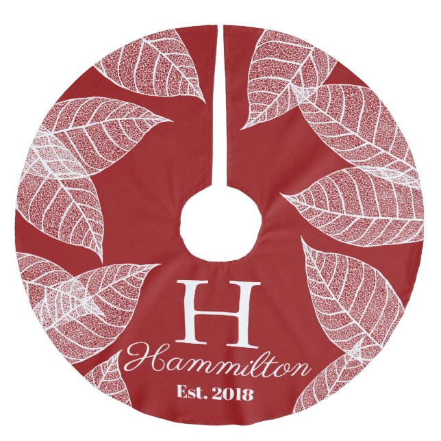 Elegant White Leaf Skeletons & Festive Red Brushed Polyester Tree Skirt (Front)