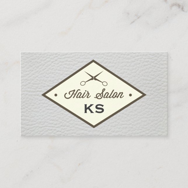 Elegant White Leather Hair Salon Label Business Card (Front)