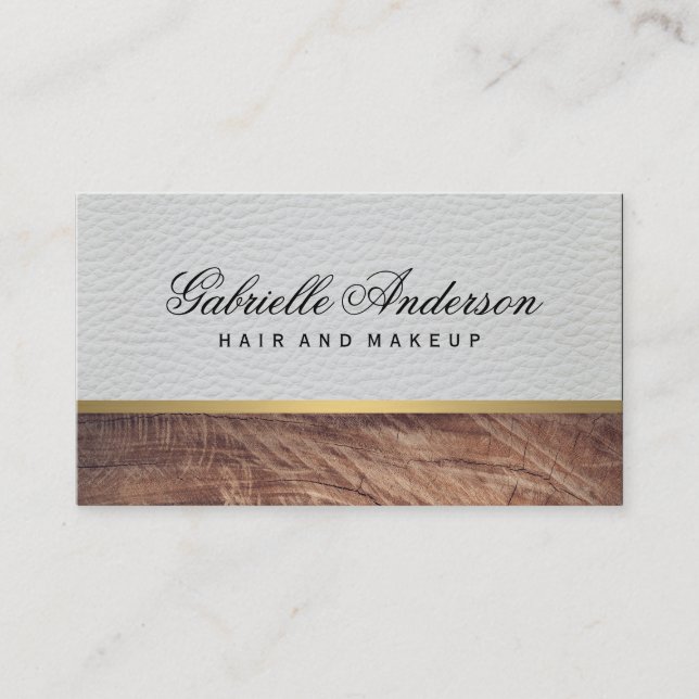 Elegant White Leather Rustic Wood with Gold Trim Business Card (Front)