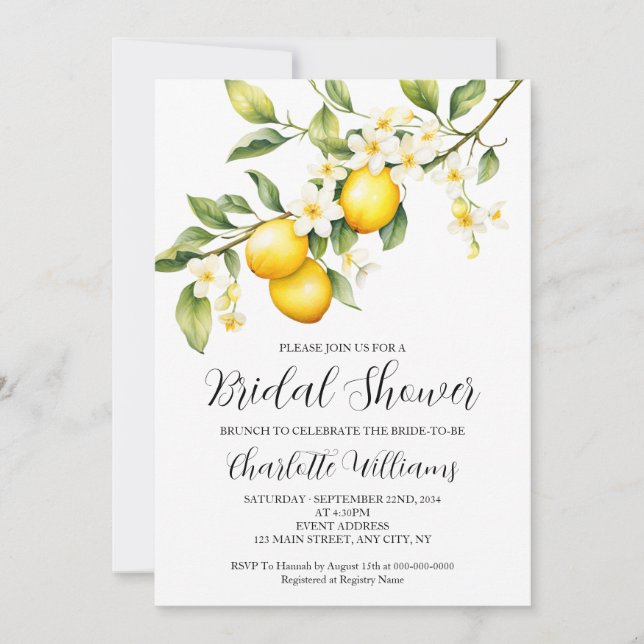 Elegant White Lemon Themed Bridal Shower Brunch Invitation (Front)