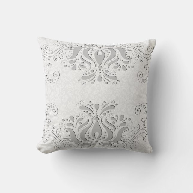 Elegant White & Light Grey Vintage Damasks & Lace Cushion (Front)
