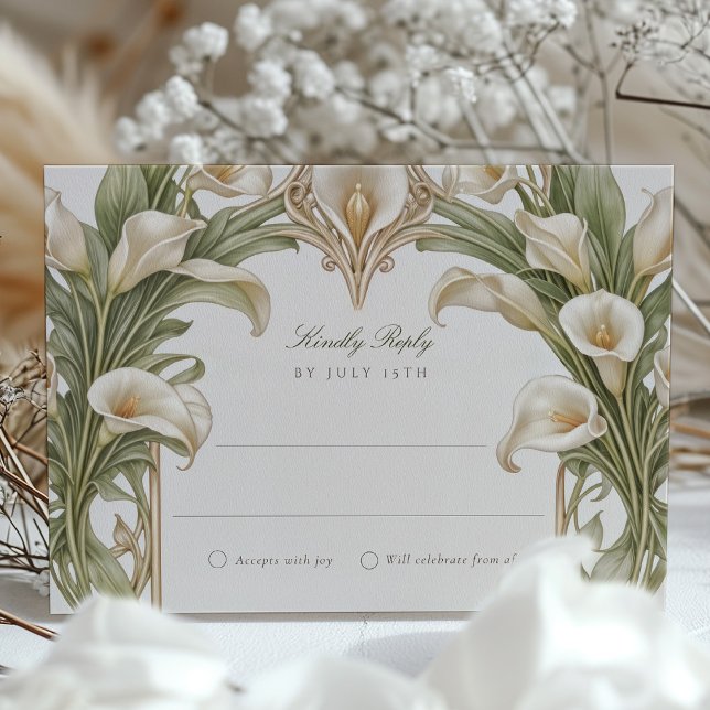 Elegant White Lilies Art Nouveau Wedding RSVP Card (Creator Uploaded)