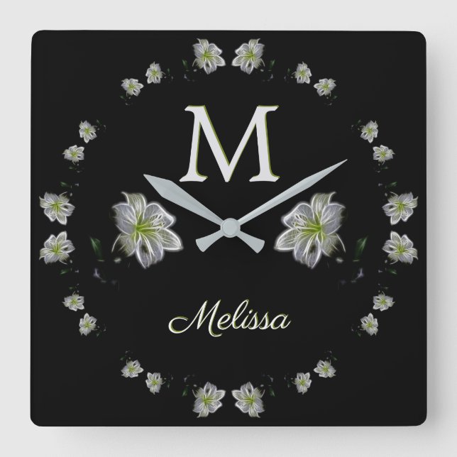 Elegant White Lilies Floral Square Wall Clock (Front)