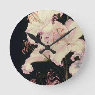 Elegant White Lilies on Black Background Floral Round Clock