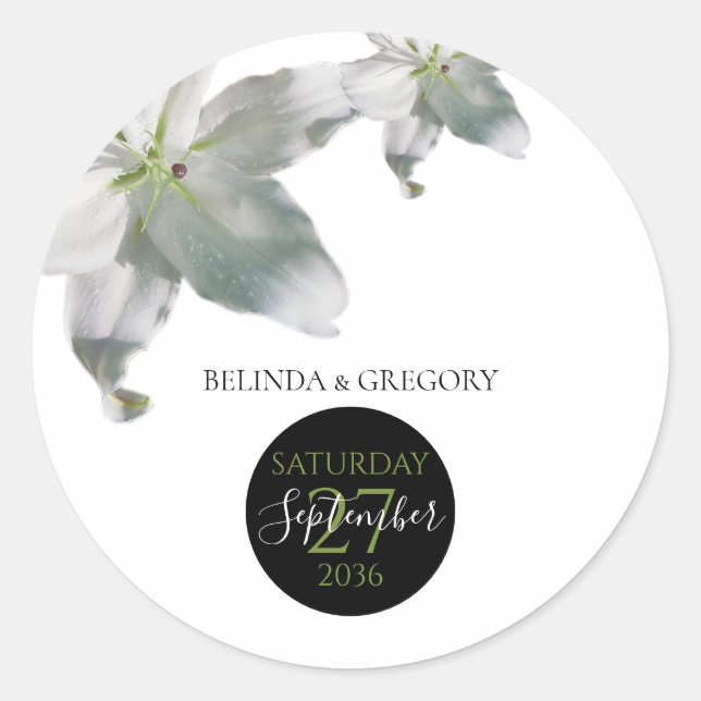 Elegant White Lilies Wedding  Classic Round Sticker (Front)