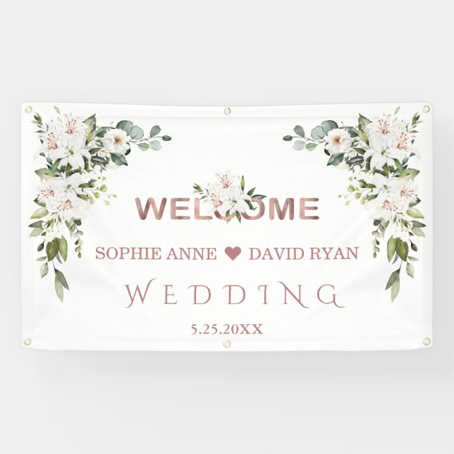 Elegant White Lilies Wedding Gold Welcome Sign (Horizontal)
