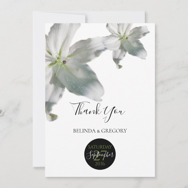 Elegant White Lilies Wedding Thank You Card (Back)