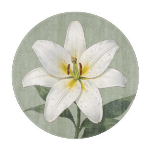 Elegant White Lily Dew Drops Botanical Cutting Board