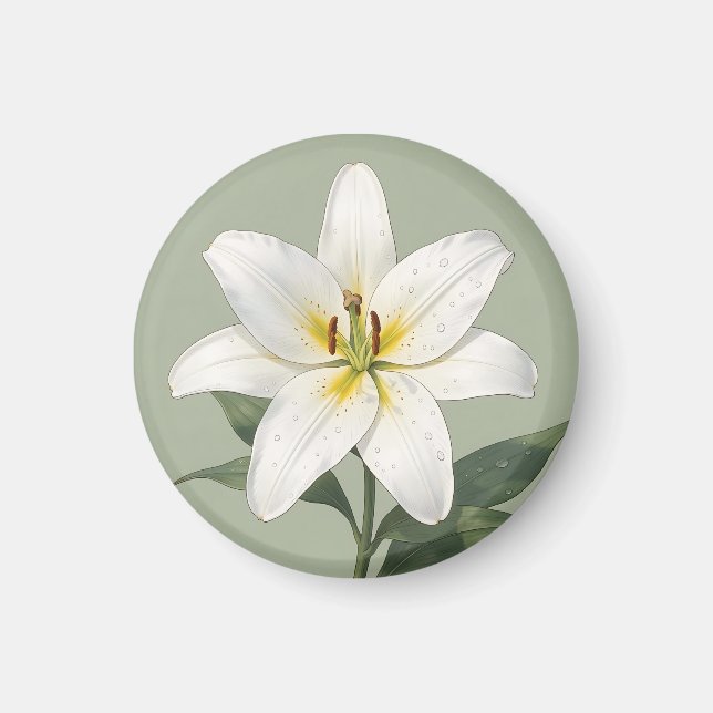Elegant White Lily Dew Drops Botanical Magnet (Front)